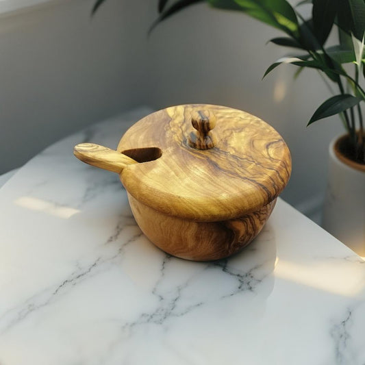 Olive Wood Bowl With a Spoon Handmade, wooden salt holder, wooden pepper holder , spice bowl With a Spoon, wooden sugar bowl