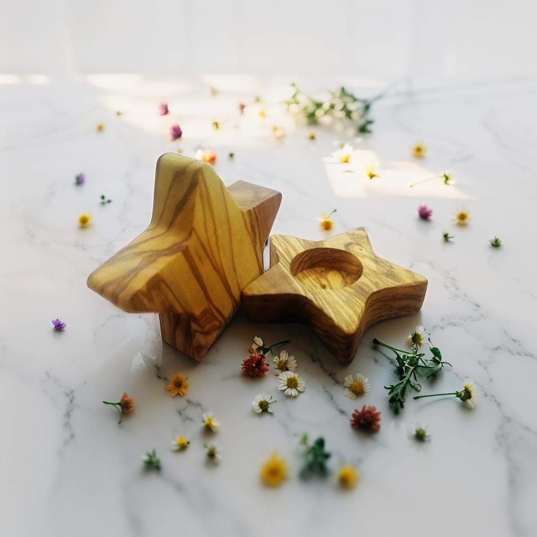 Star-Shaped Olive Wood Candle Holders - Handmade Tea Light Holders - Elegant Home Decor