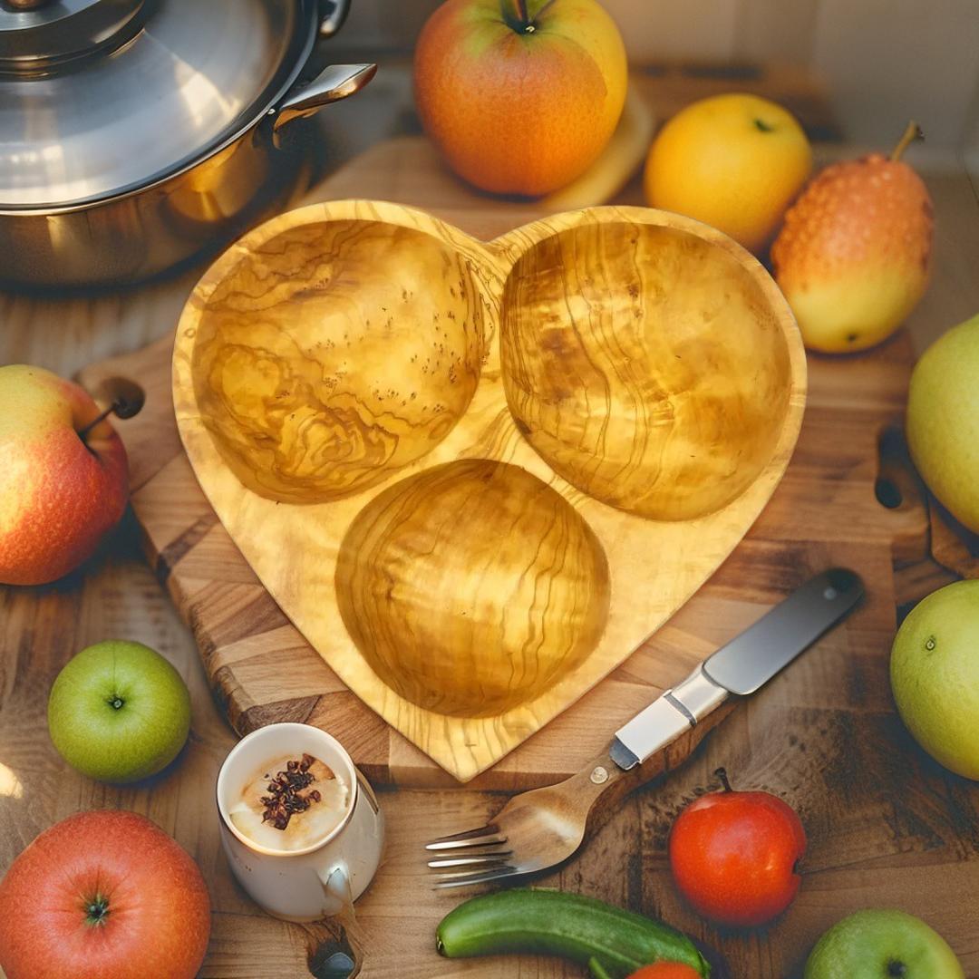 Wooden tray in heart shape with three section, wooden gift item, holiday gift,gift for her, Christmas gift,olive wood tray, , gift idea