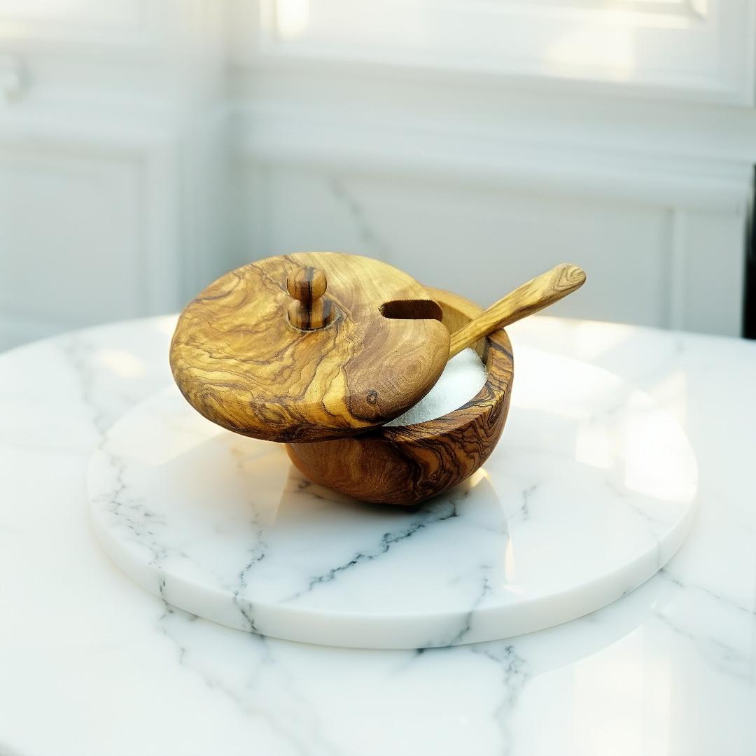 Olive Wood Bowl With a Spoon Handmade, wooden salt holder, wooden pepper holder , spice bowl With a Spoon, wooden sugar bowl