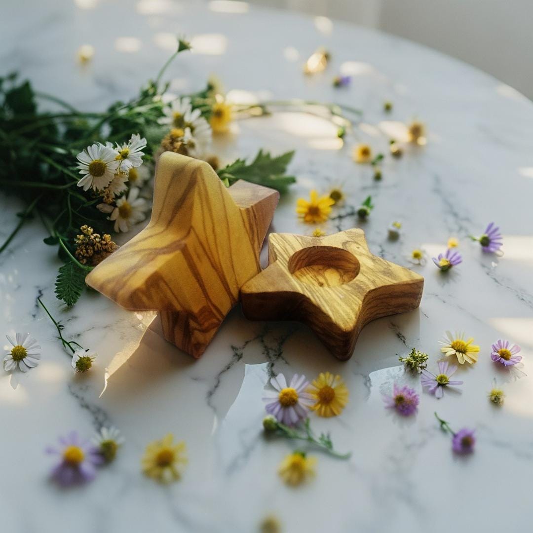 Star-Shaped Olive Wood Candle Holders - Handmade Tea Light Holders - Elegant Home Decor
