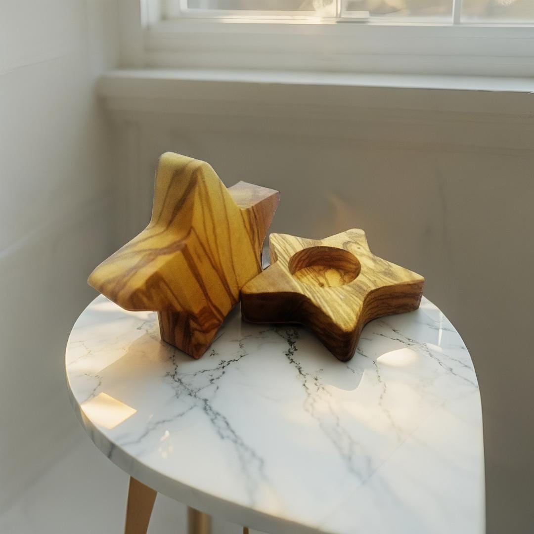 Star-Shaped Olive Wood Candle Holders - Handmade Tea Light Holders - Elegant Home Decor