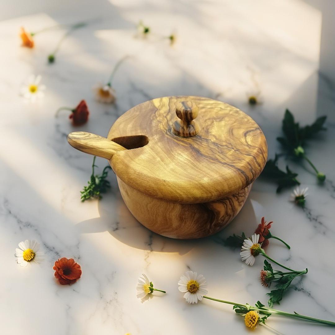 Olive Wood Bowl With a Spoon Handmade, wooden salt holder, wooden pepper holder , spice bowl With a Spoon, wooden sugar bowl