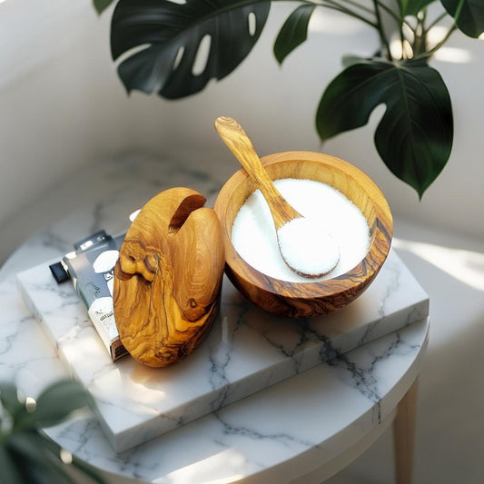 Olive Wood Bowl With a Spoon Handmade, wooden salt holder, wooden pepper holder , spice bowl With a Spoon, wooden sugar bowl