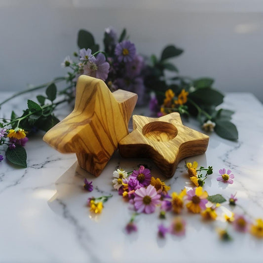 Star-Shaped Olive Wood Candle Holders - Handmade Tea Light Holders - Elegant Home Decor
