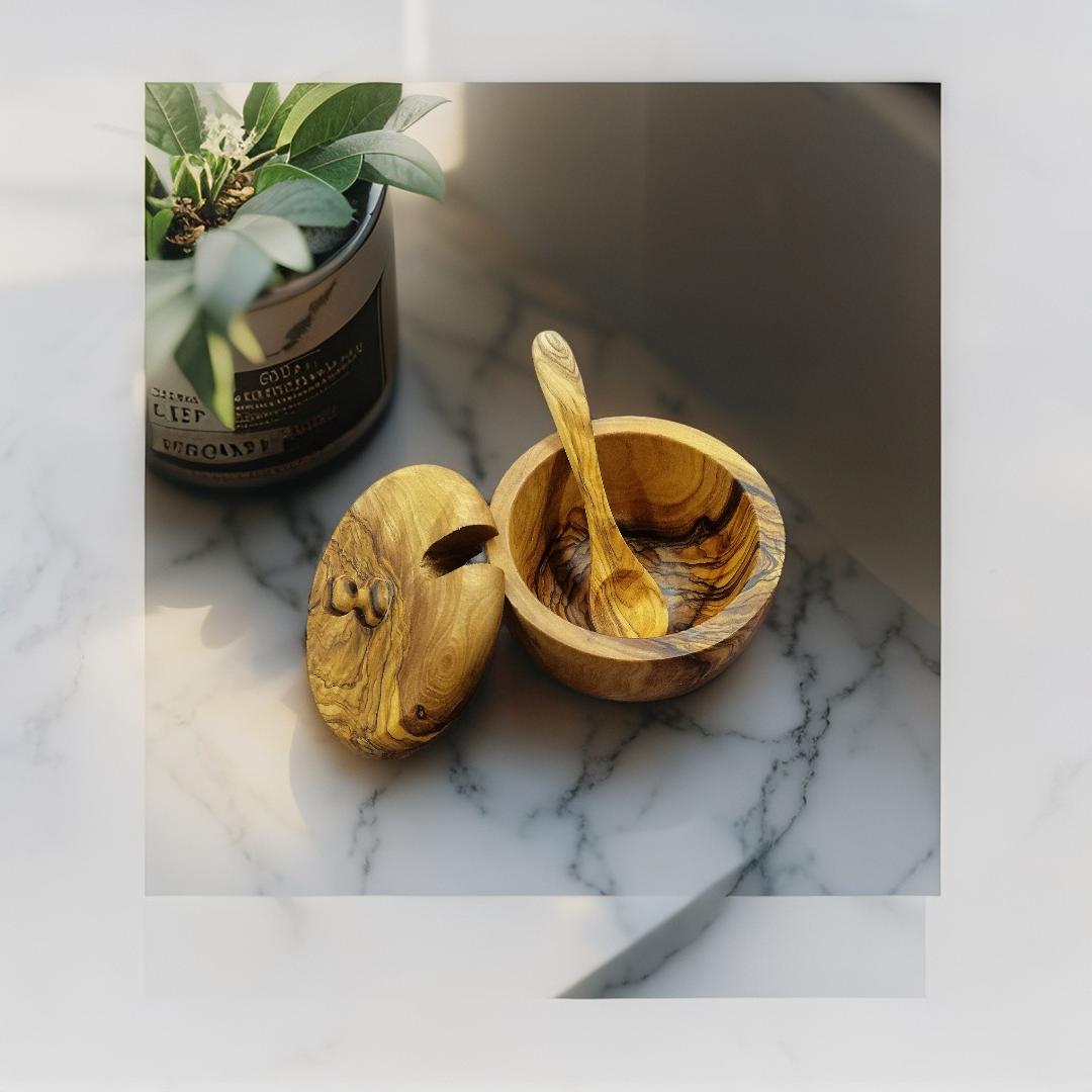 Olive Wood Bowl With a Spoon Handmade, wooden salt holder, wooden pepper holder , spice bowl With a Spoon, wooden sugar bowl
